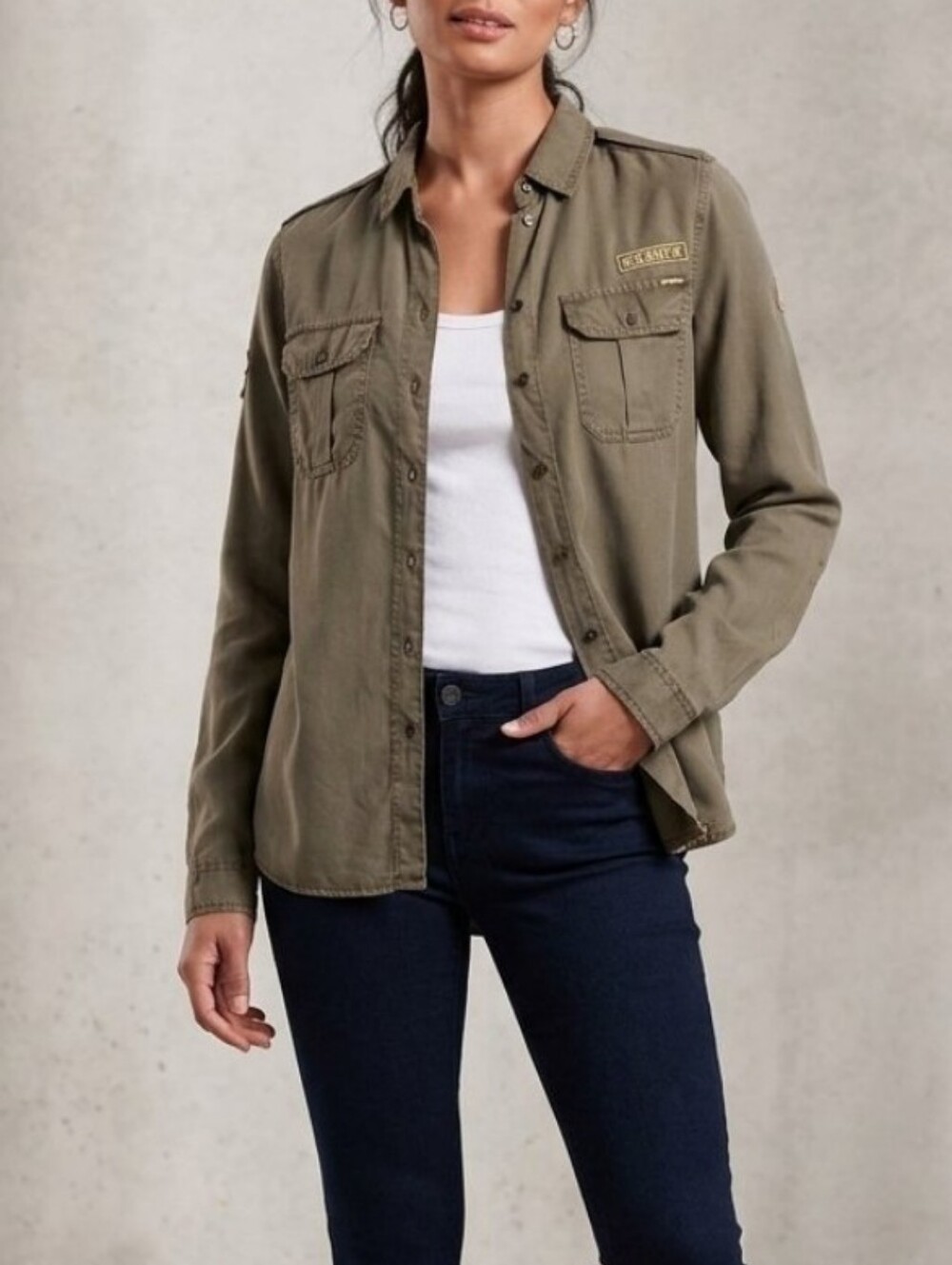 100% Lyocell Superdry Millitary Green Khaki Olive Utility Button-Up Shirt
